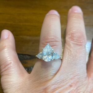Sterling silver ring large pear shaped diamonique 3 stone.